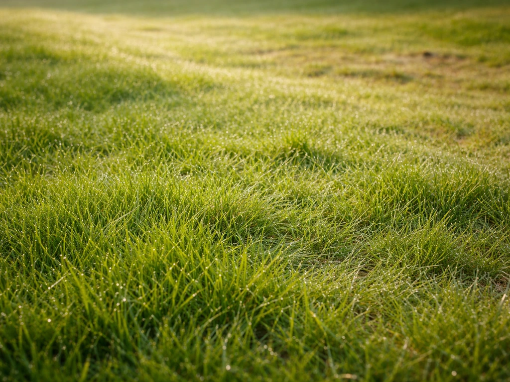 Dicht gazon in herstel met gemaaid lang gras, zicht op egaler wordende grasmat bij ochtendlicht.