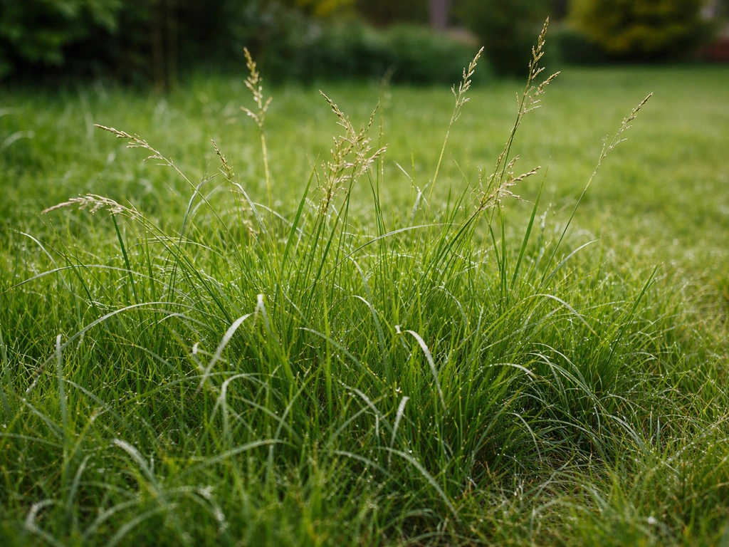 Close-up van een gazon met duidelijk doorgeschoten, lange pluizige grassprieten.