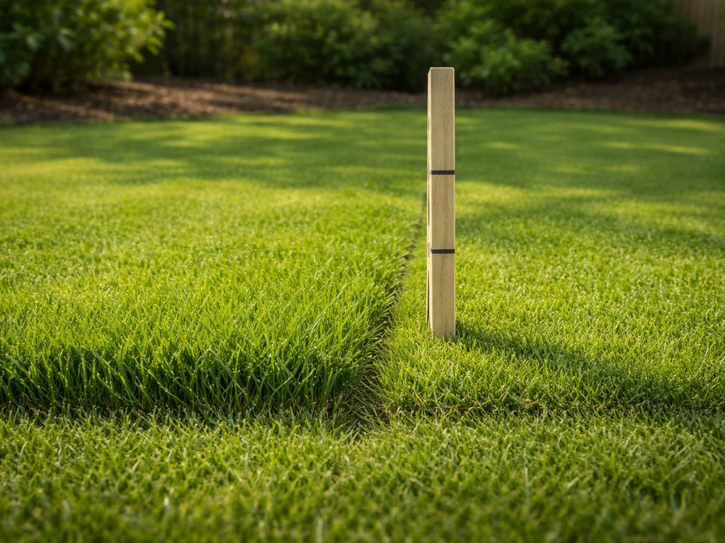 Op een groen gazon markeren van maaihoogtes met een eenvoudige meetstok: van 10 cm naar 7 cm