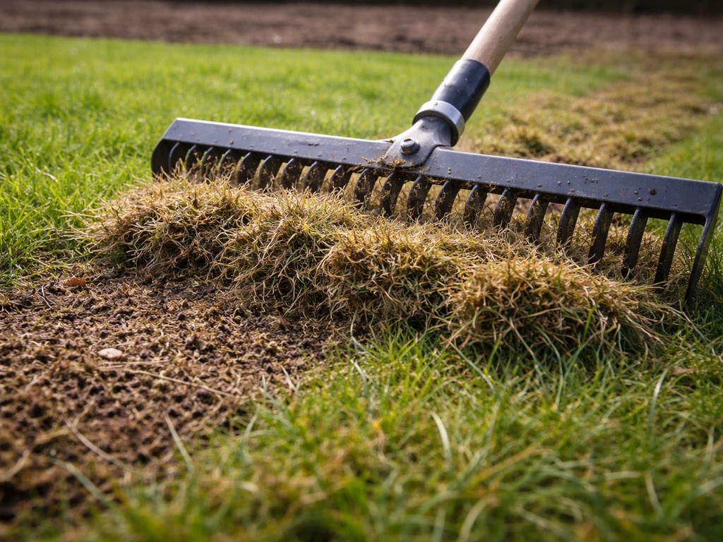 Close-up van hark/grassnijder die vilt en maaisel uit een gazon loshaalt en verwijdert.