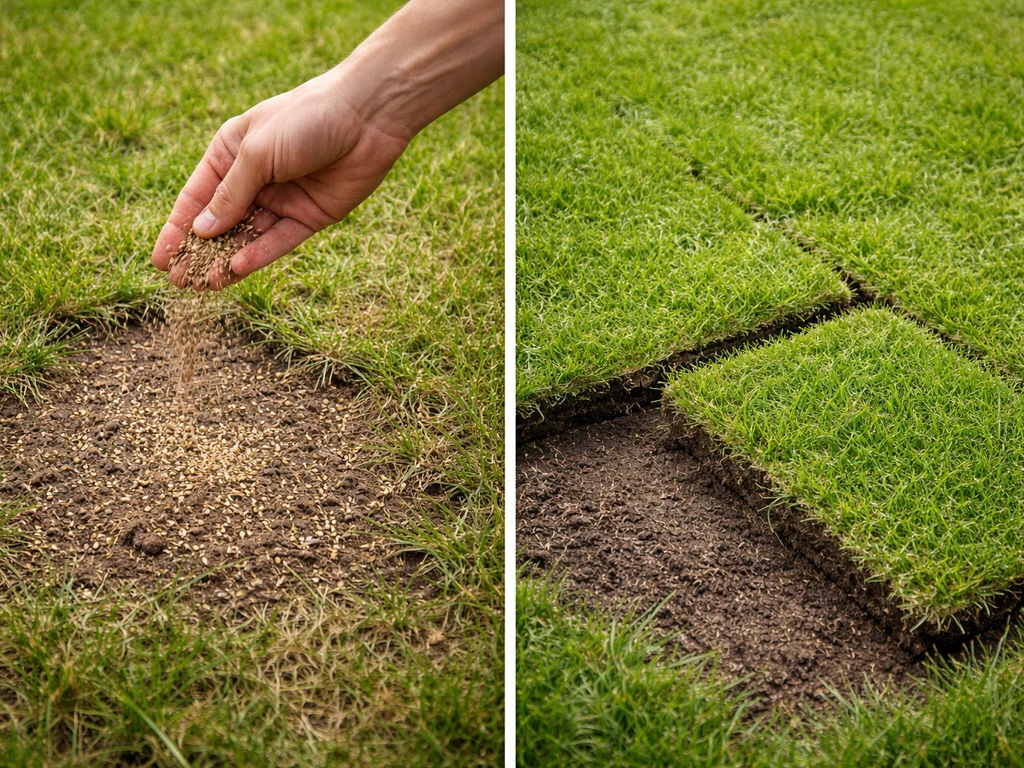 Kaal gazon met doorgezaaid graszaad links en netgelegde zoden rechts, duidelijk onderscheid.
