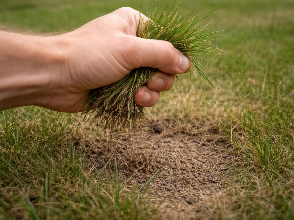 Hand trekt een handvol gras omhoog bij een beschadigde plek in het gazon, close-up en scherp.