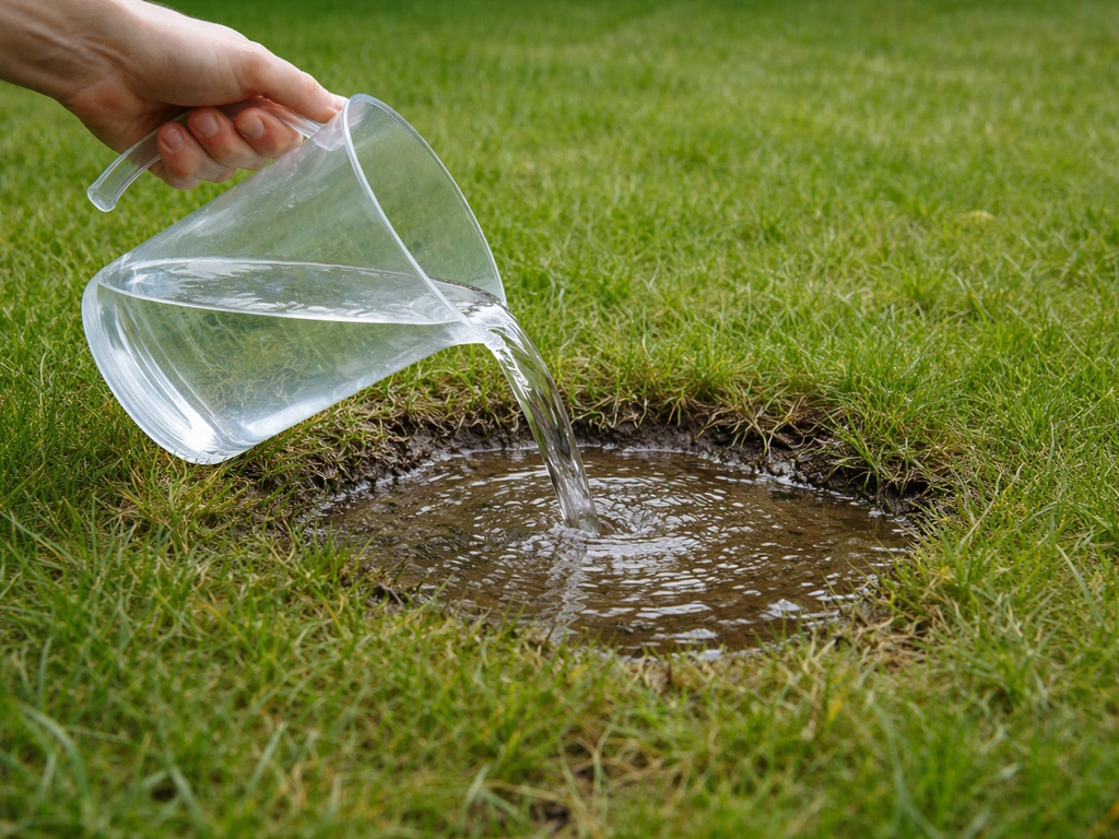 Helder water wordt in een kuiltje op gras gegoten; zichtbaar water blijft even staan en zakt langzaam weg.