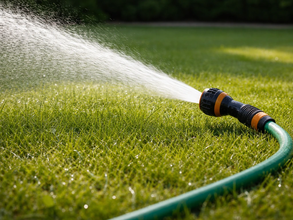 Tuinslang met sproeier die gericht het gazon besproeit, met waterdruppels op grasbladeren