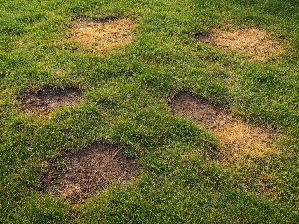 Bovenaanzicht van een Nederlands gazon met gele en bruine kale plekken door ‘gras gaat dood’