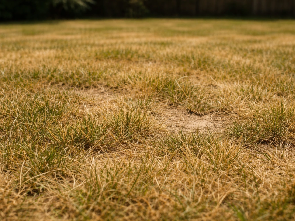 Vergeeld en verdord Nederlands gazon met dorre pollen en open plekken na droge periode