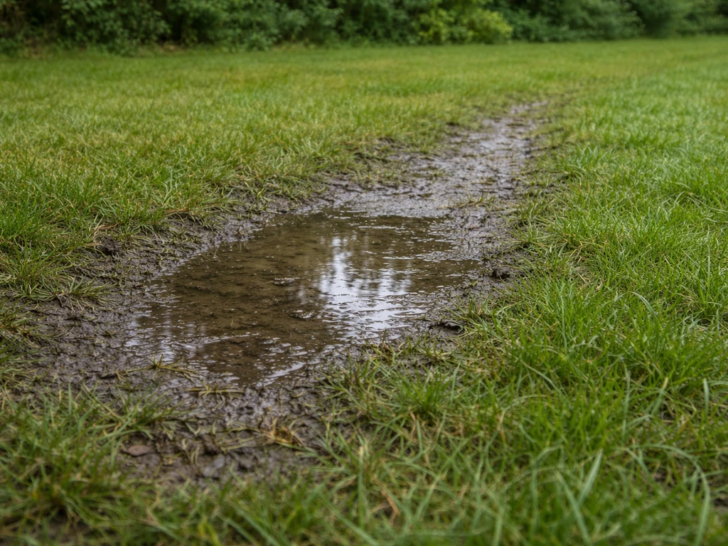 Stilstaand regenwater in een dichtgelopen gazonplek naast minder belopen gras, met duidelijk verdicht bodemspoor.