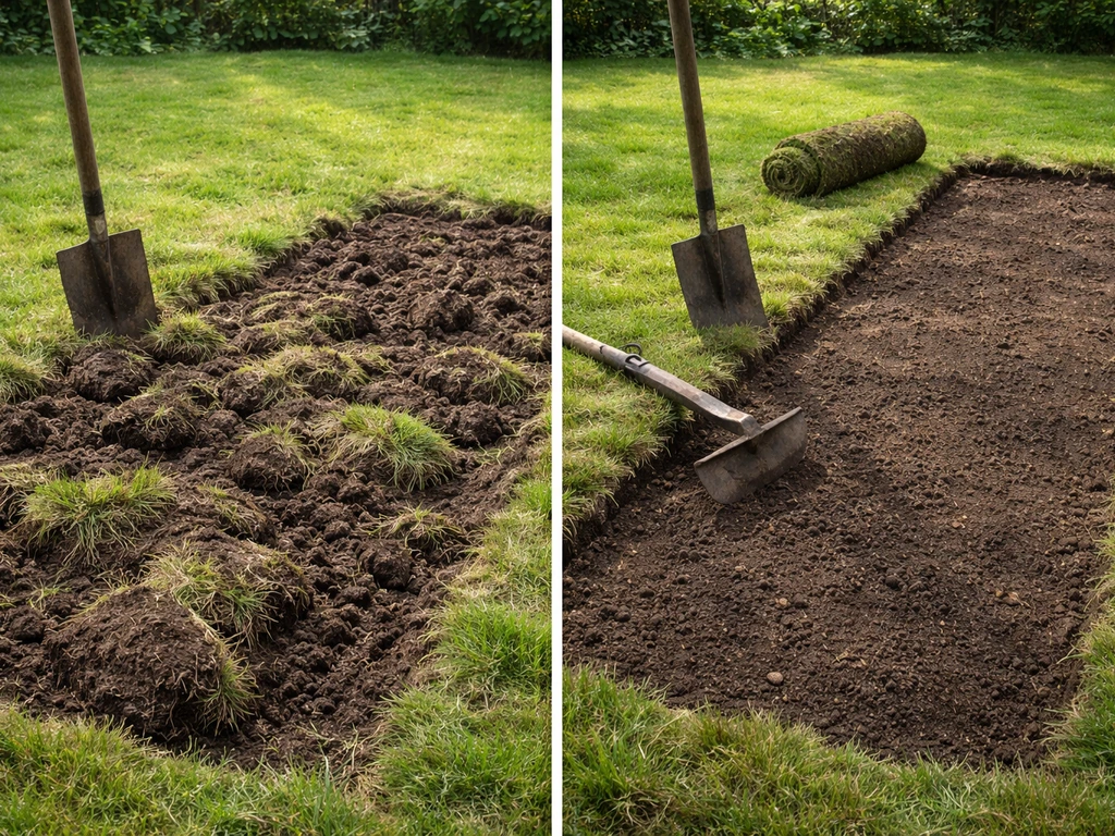 Links net omgespit met grasmat, rechts grasmat verwijderd en kale bodem klaar voor herstel.