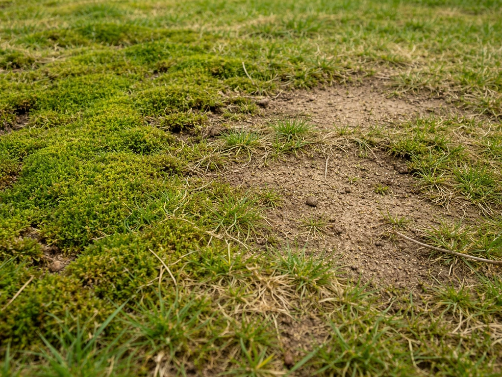 Close-up van een gazon met mosvlekken en kale plekken naast elkaar.