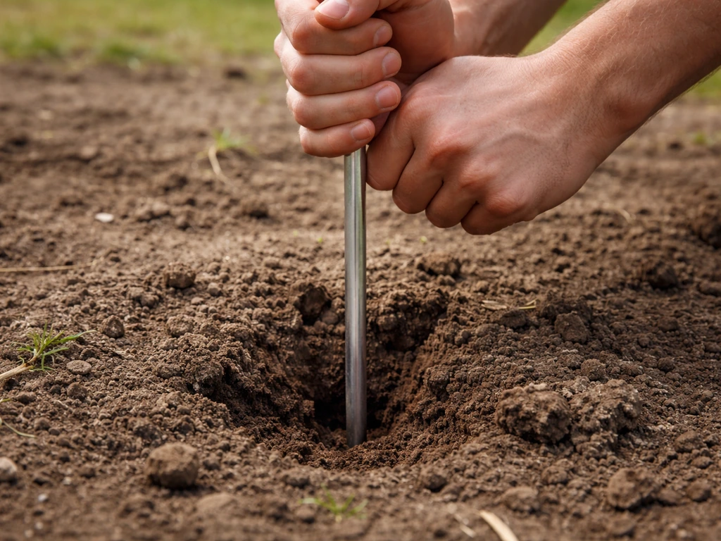 Anonieme handen steken een schroevendraaier/prikstaaf zo’n 15 cm in vochtige grond om drainage en verdichting te testen.