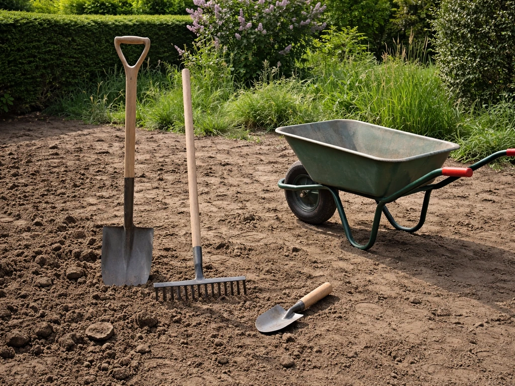 Werkopstelling omspitten met spade, hark en kruiwagen op een kale tuinbodem, klaar voor aan de slag.