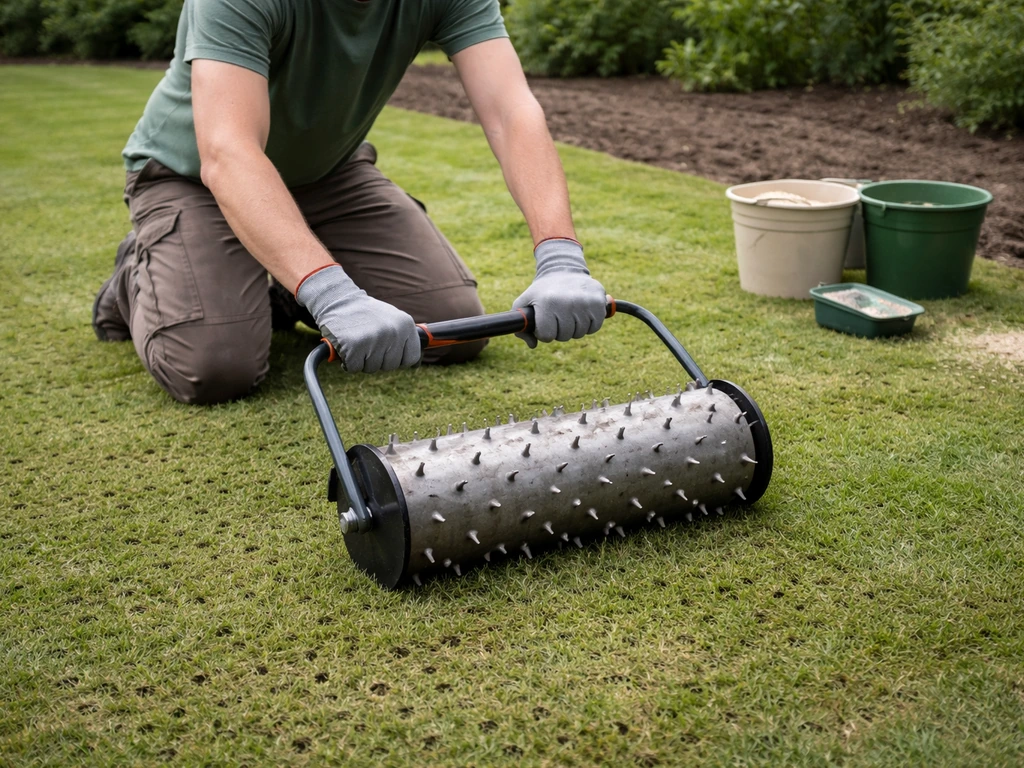 Tuinier die met een beluchtingsprikrol gaten in een gazon maakt, met voorbereide grond voor inzaaien
