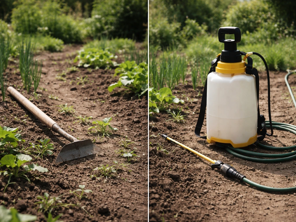Schoffel/onkruidmes naast een tuinspuit in een moestuin, als chemisch versus mechanisch keuzebeeld.