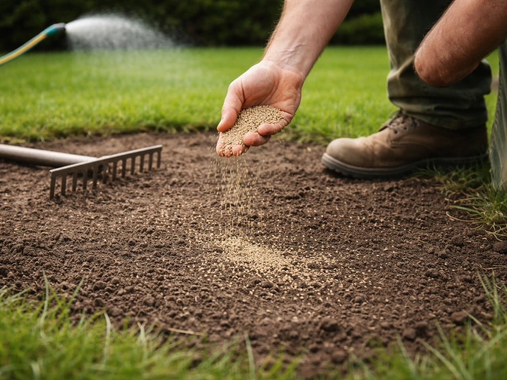 Handen die graszaadjes uitstrooien op kale plek, sproeikop die zacht water geeft, licht aangedrukte grond.