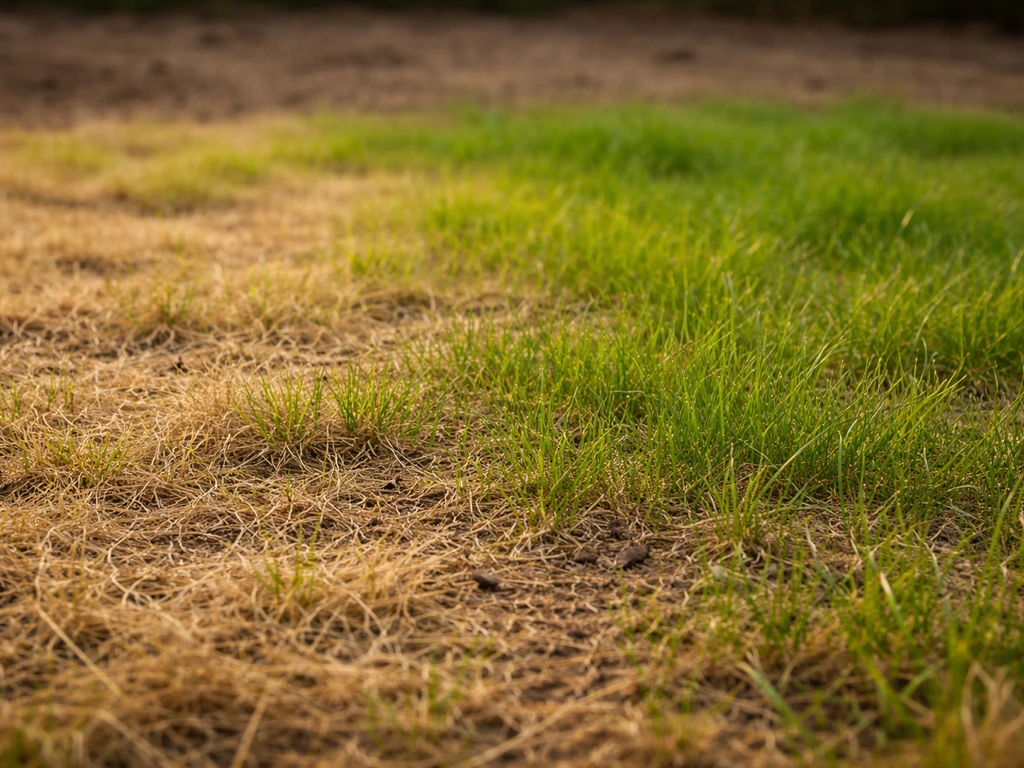 Nederlands gazon met geelbruine verdroogde plekken en zichtbaar herstellend, fris groen gras.
