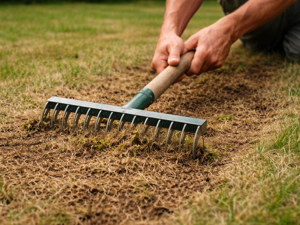 Iemand gebruikt een tuinhark/verticuteerhark om verdroogde grasplek schoon te maken op een tuinpad