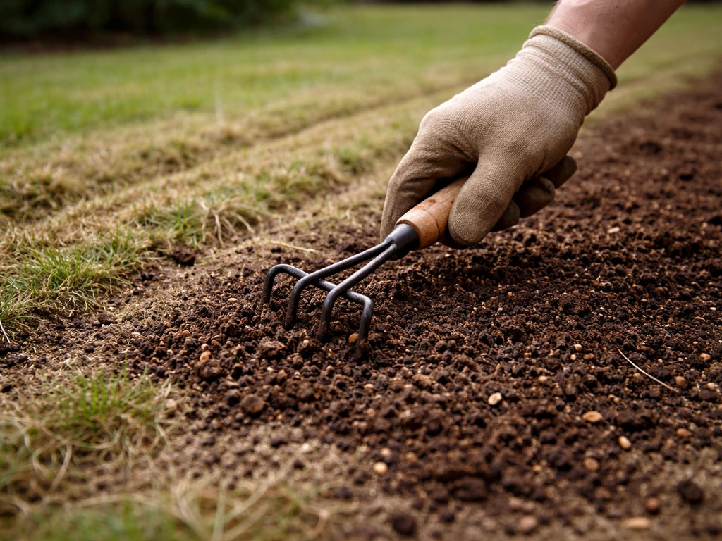 Hand schept rijpe compost in het gazon na het verticuteren, met zandige/kleiachtige bodemstructuur zichtbaar.