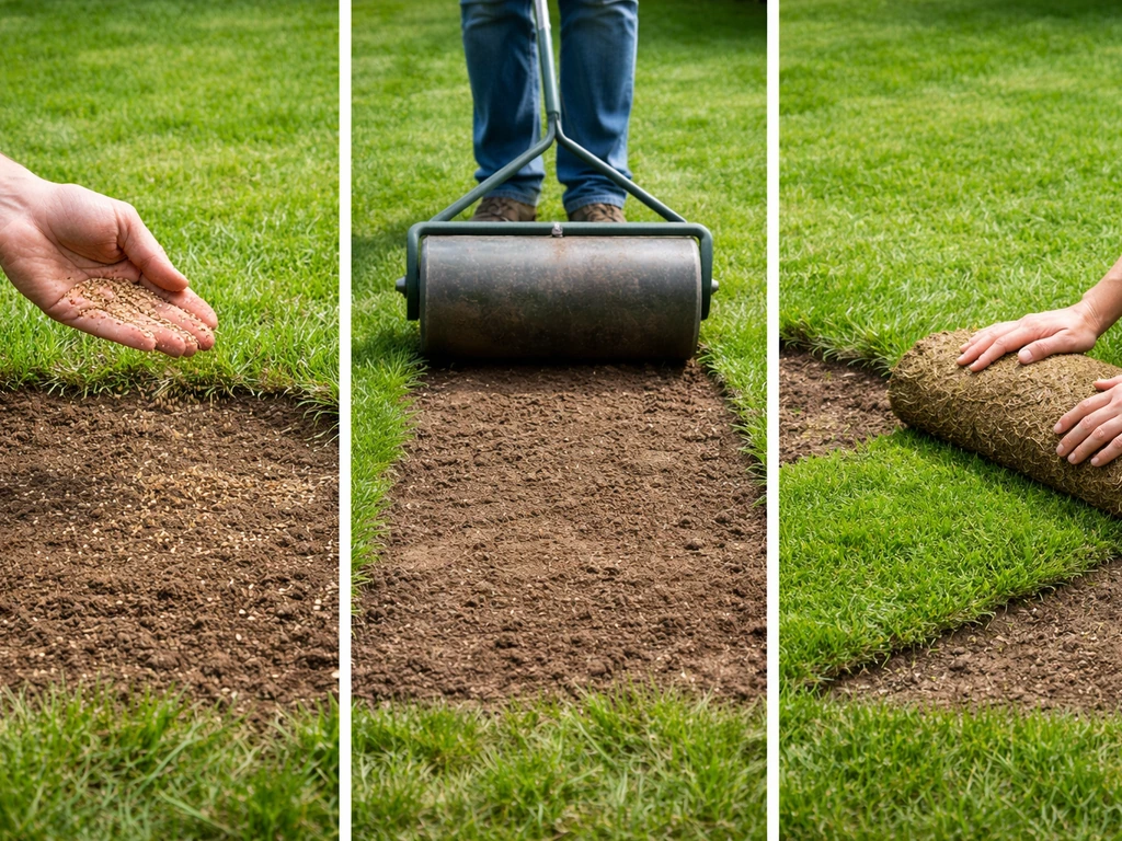 Drie eenvoudige tuinpanelen tonen bijzaaien met zaad, doorrollen met een wals en een zodenlap op kale plek.