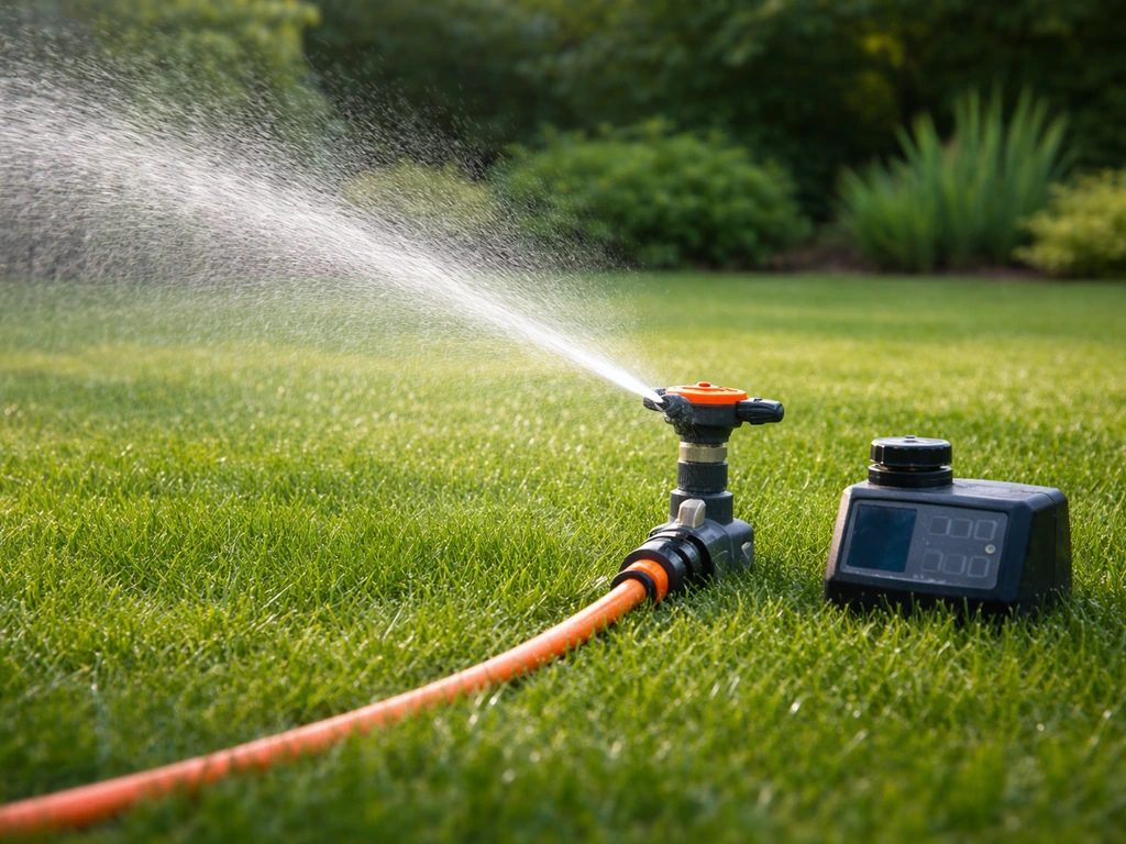 Tuinsproeier op tijdschakelaar die een gazon gericht beregent, waterdruppels op het gras in de tuin.