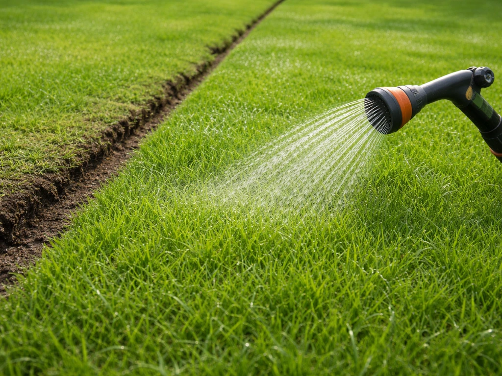 Vers groen gazon na het rollen met een sproeikop die het gras zacht insproeit.