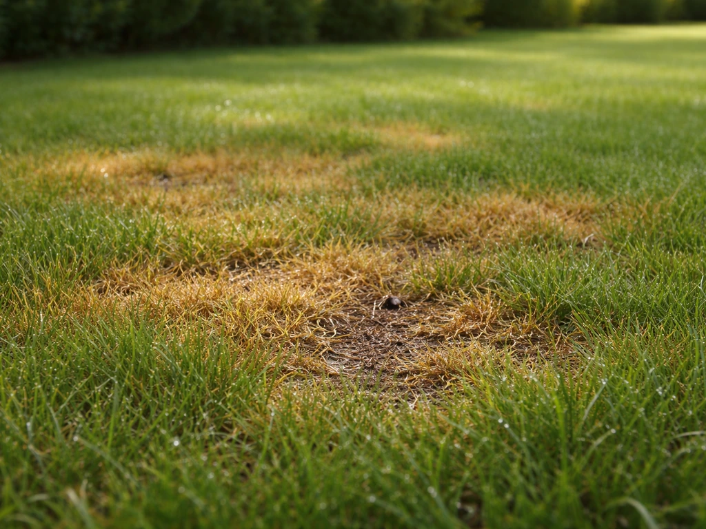 Close-up van een gazon met gele en bruine plekken alsof het gras door water beschadigd is na sproeien.