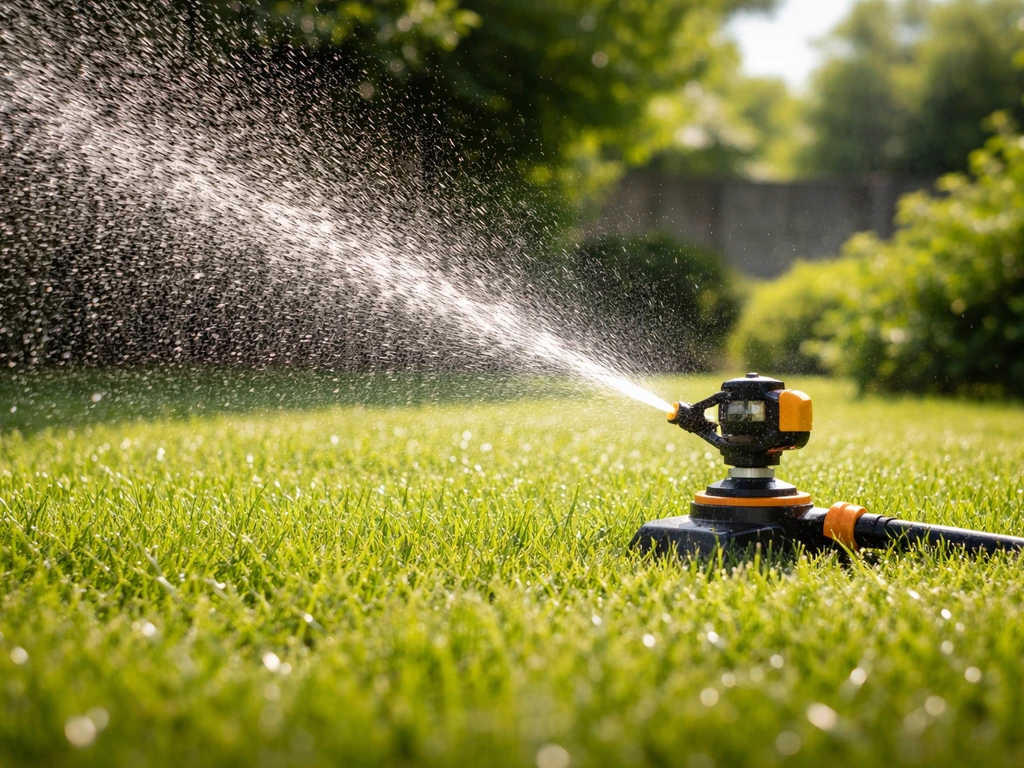 Tuinsproeier die heet gras besproeit in fel zonlicht, met glinsterende waterdruppels op grassprieten.
