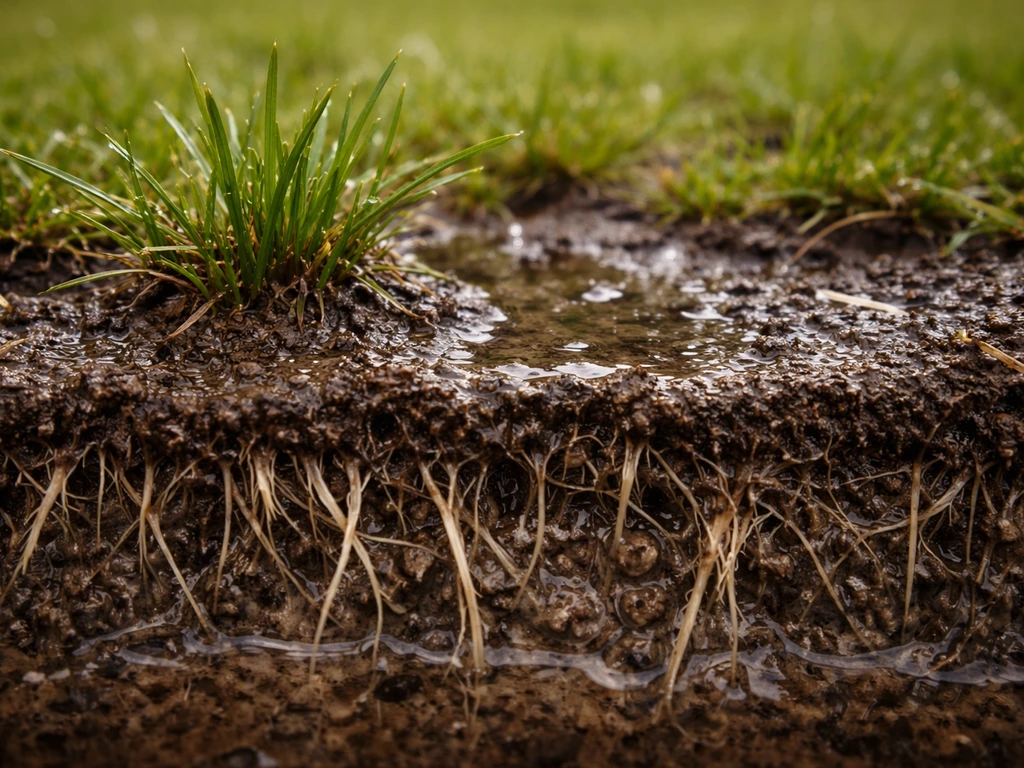 Close-up van te natte grasbodem met plasvorming en slappe modder rond de wortelzone.