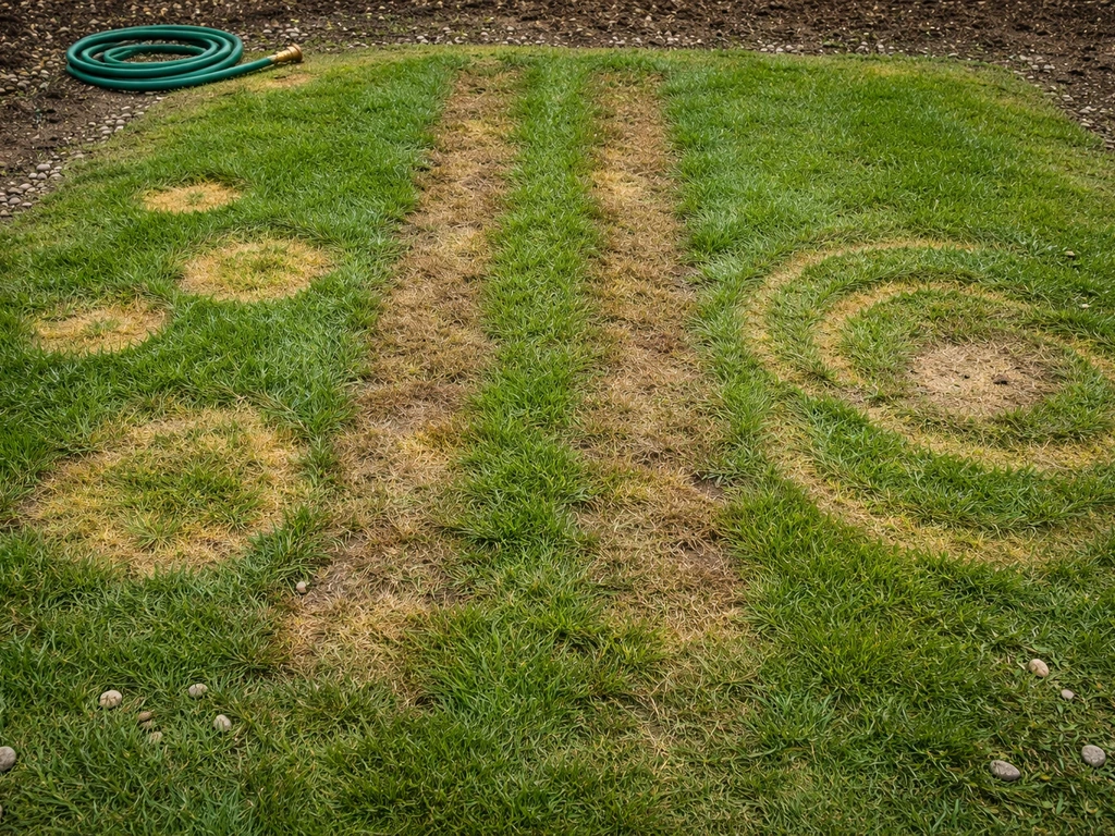 Gazon met ronde gele vlekken, bruine stroken en kringen, die verschillende waterschade-oorzaken suggereren.