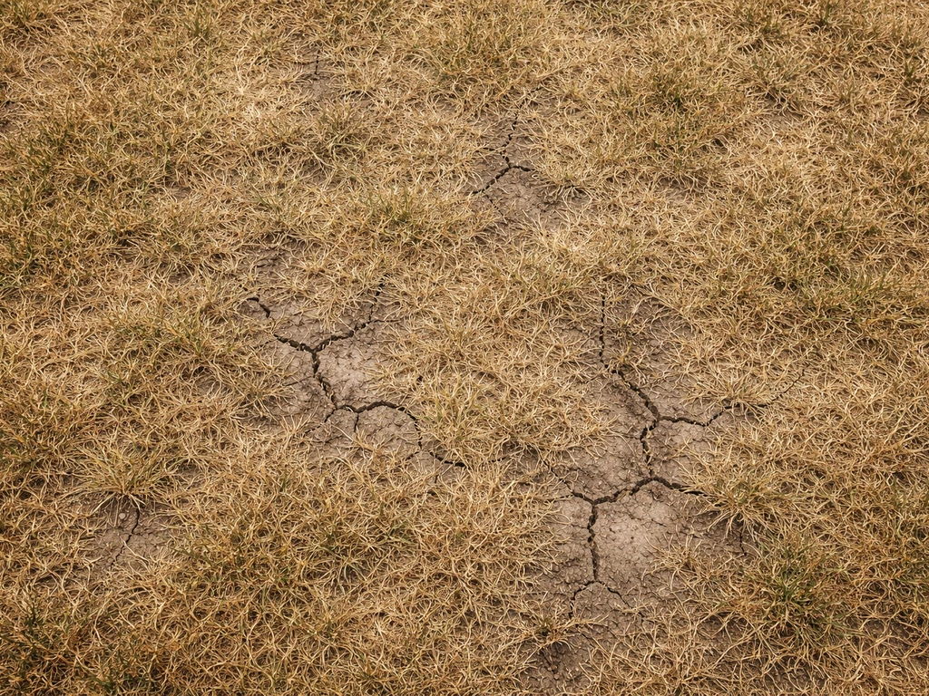 Bovenaanzicht van een droog, vergeeld gazon met schrale plekken en dorre grassprietjes door extreme droogte.