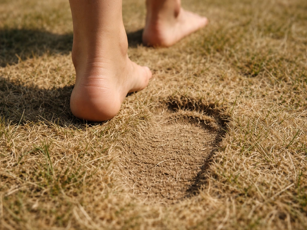 Detail van een voetafdruk in droog gazon; gras lijkt slap of veert niet direct terug.