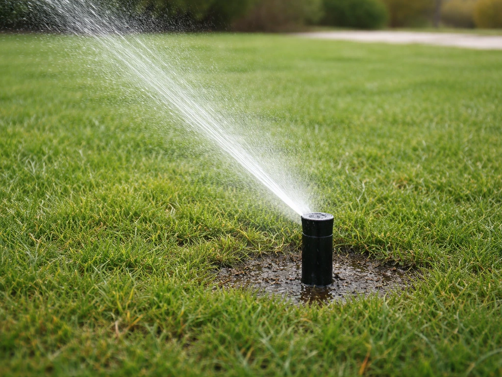 Pop-up sproeier geeft gericht water op een herstellend gazon; zichtbaar infiltreren zonder afstromen.