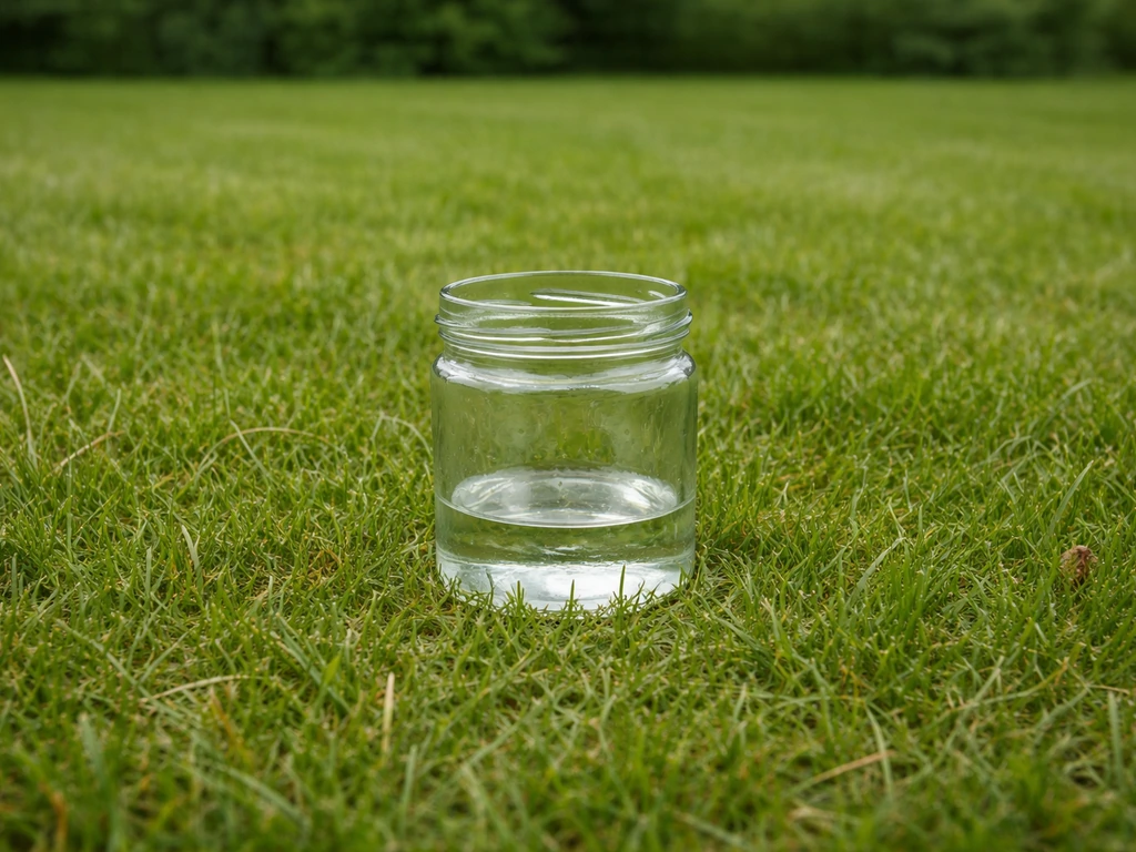 Lege glazen pot met maatstreepje in het gazon, met een kleine regenmeter-achtige richtlijn voor 1,5 cm water.
