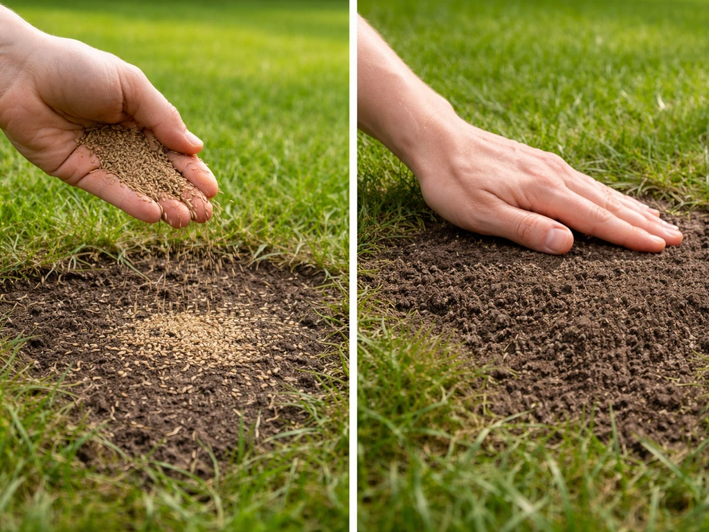 Hand strooit graszaad op kale plek in gazon, met lichte bodembedekking na doorzaaien in naturel licht
