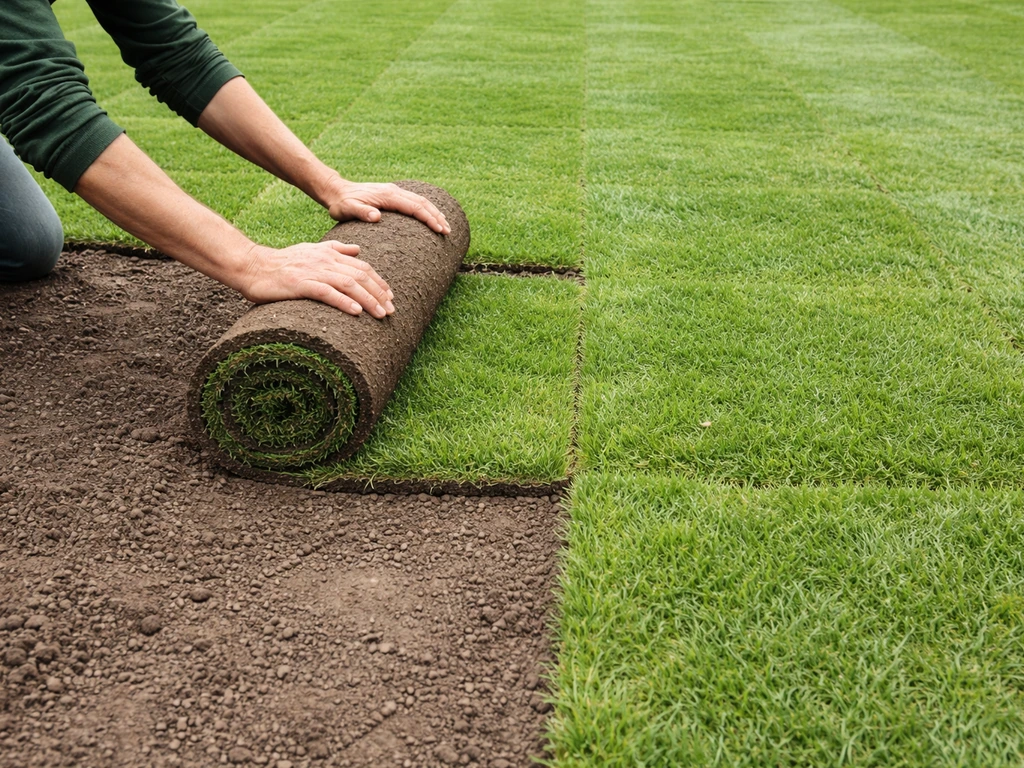 Tuinman rolt een grasrol strook voor strook uit met zichtbare banen in het gras, natuurlijk daglicht