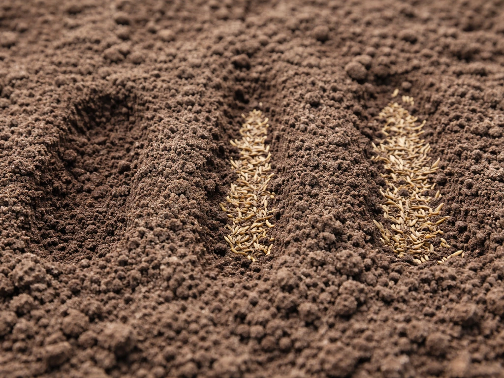 Detail van graszaad net onder het oppervlak, naast een strook waar zaad te diep ligt.
