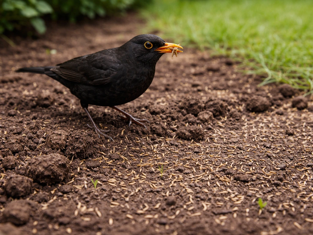 Merel op een vers zaaibed met losse aarde en zichtbaar graszaad dat net gepikt wordt.