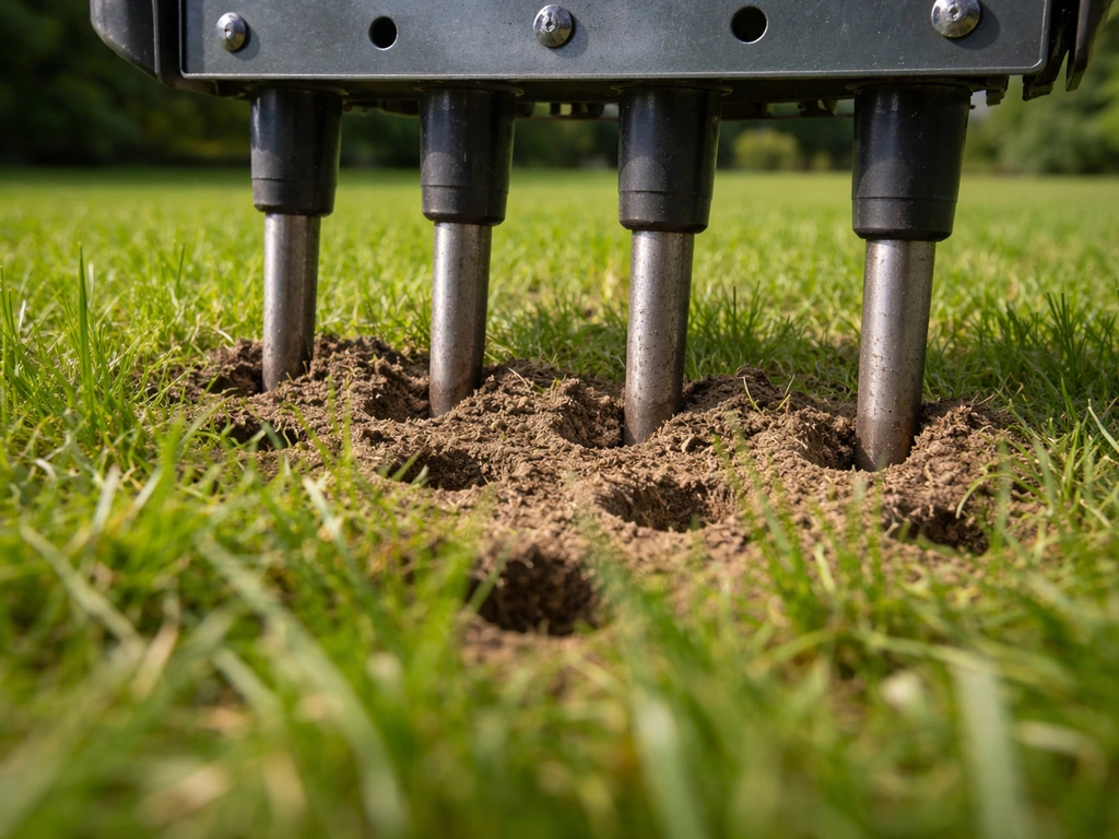 Close-up van solid tines die prikgaten in het gras en de bodem maken bij prikbeluchting.