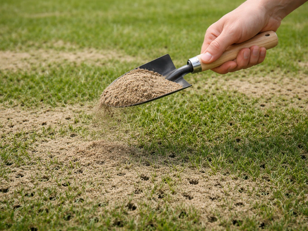 Hand die fijn zand en compost-mengsel egaal over een belucht gazon strooit