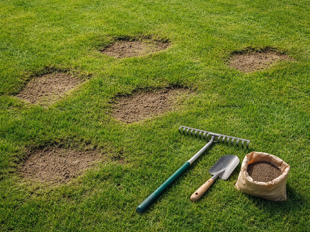 Bovenaanzicht van een Nederlands gazon met kale plekken en een voorbereidingsplek met schop, hark en graszaad in de buur