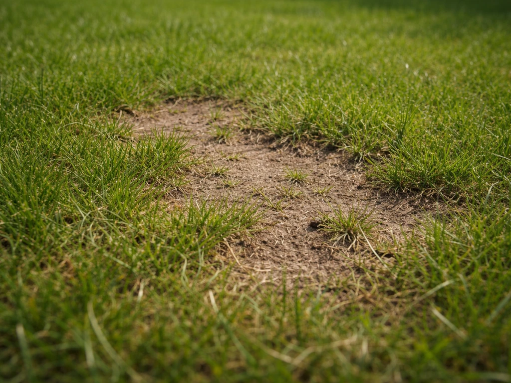Detail van een groen gazon met dunne plekken waar gras lijkt weg te trekken en kale vlekken zichtbaar zijn.