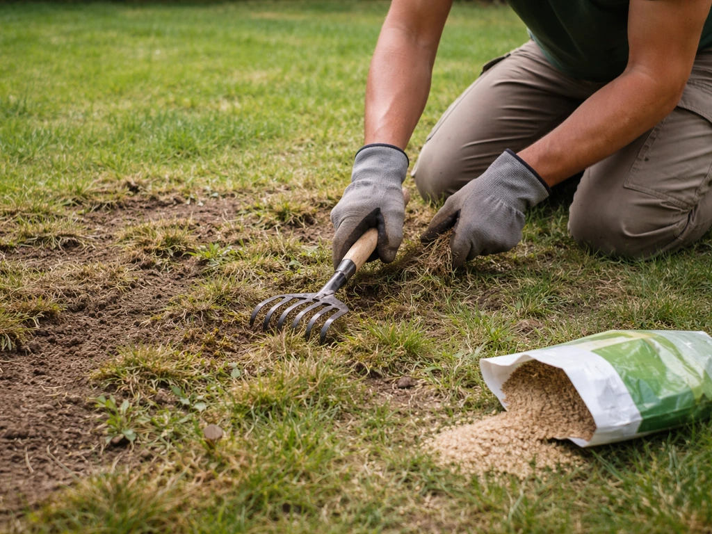 Anonieme tuinier schraapt het gazon en strooit graszaad op kale/dunne plekken in de achtertuin.