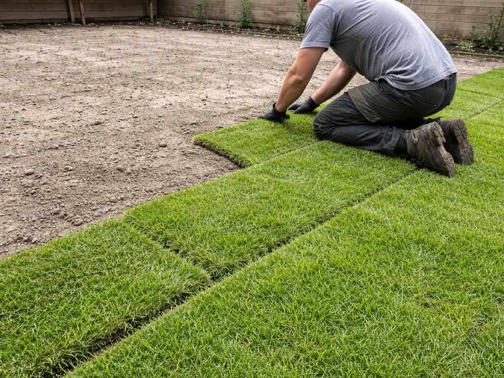 Werkman legt graszoden op een voorbereid perceel, met zicht op naden en direct beginnend groen.