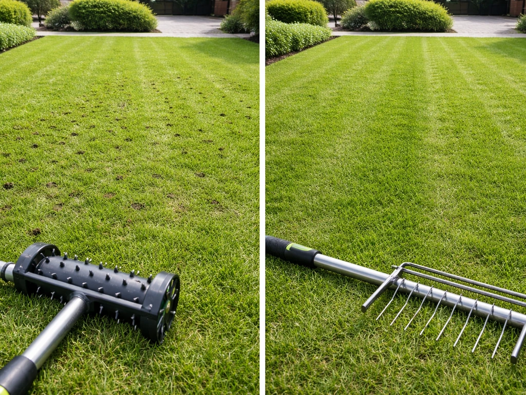 Gazon met beluchtings- en verticuteer-effect, beluchtingsgereedschap op het gras in één opname.