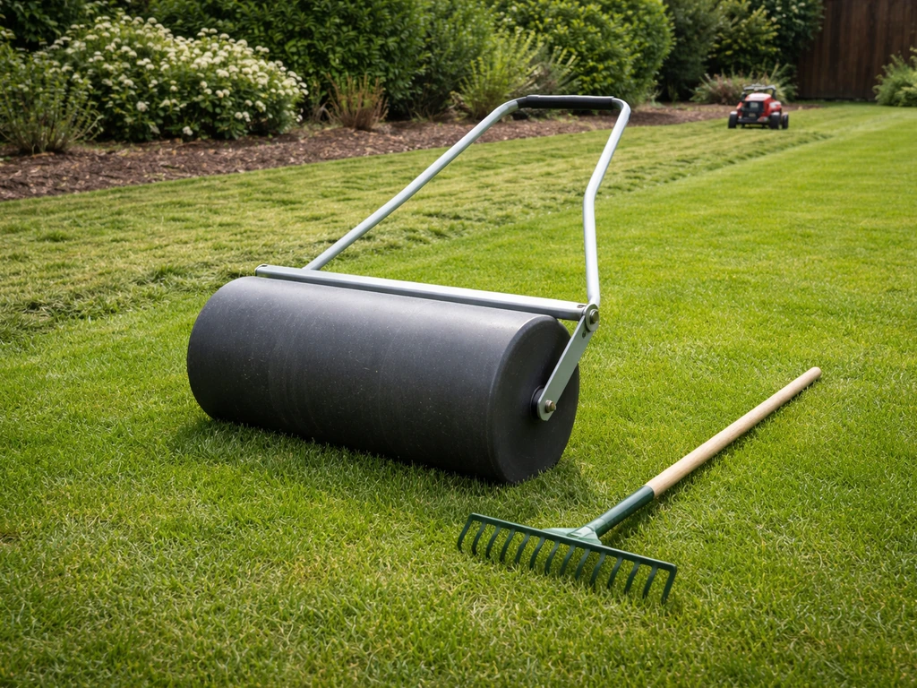 Gazonroller/wals klaar op net gemaaid gras, met afrijdgereedschap naast de roller.