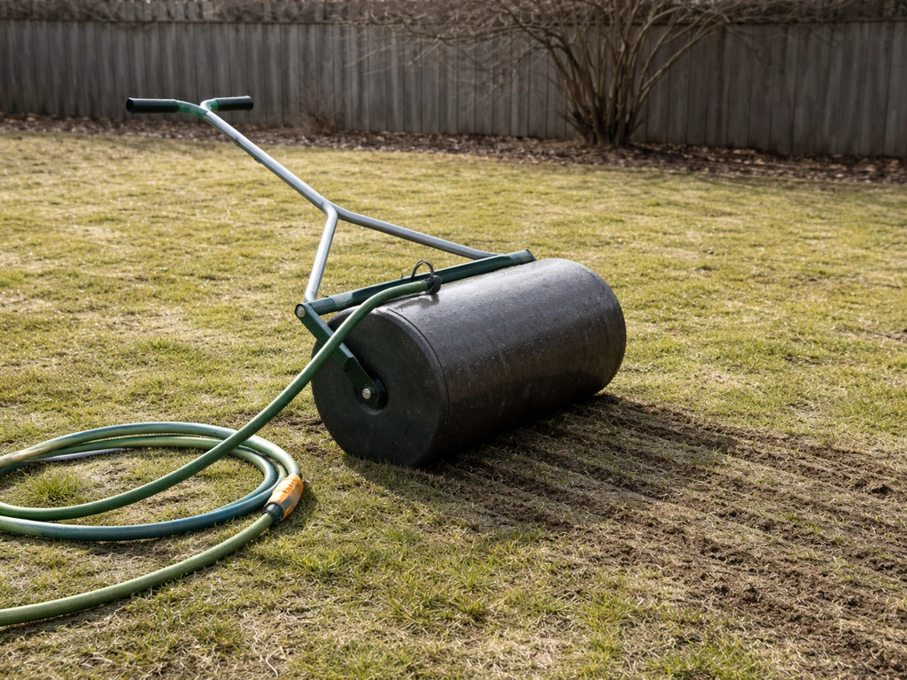 Watergevulde tuinslang en een compacte, lichtgewicht wals op een gazon, met zichtbare bodemstructuur