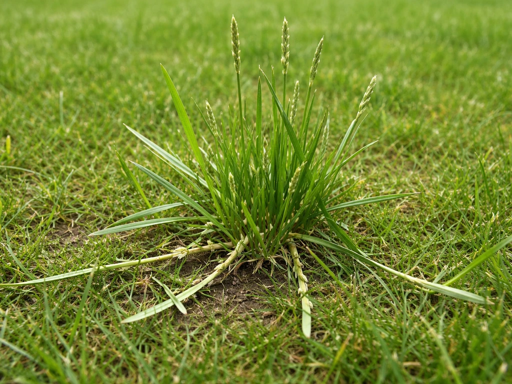 Close-up van uitlopers en grasspruiten in een gazon, met focus op het herkennen van het type gras