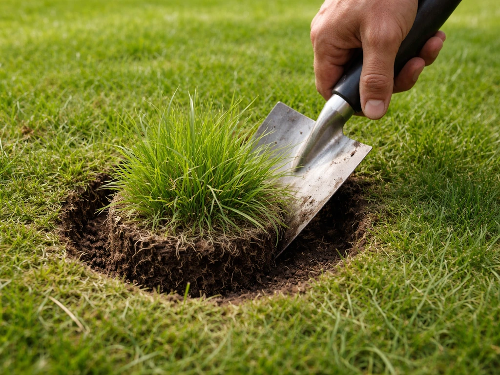 Hand snijdt een kuiltje rond een wildgraspol in het gazon; de graspol komt los uit intact gras.