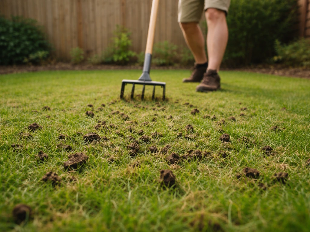 Beluchten van een gazonplek met een gazonprikker, aarde en gras laten zien dat water beter kan wegzakken.