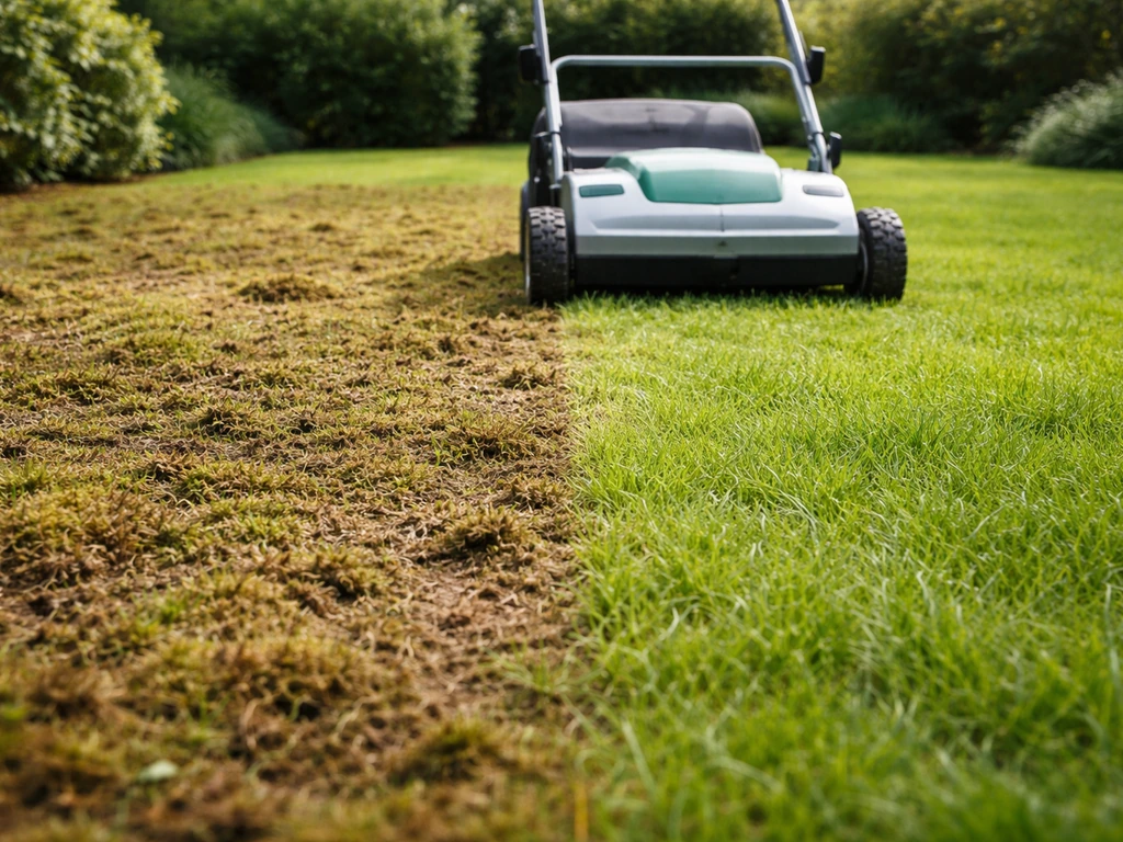 Mos op een grasveld met een verticuteerrol in beweging en zichtbaar gezonder gras ernaast