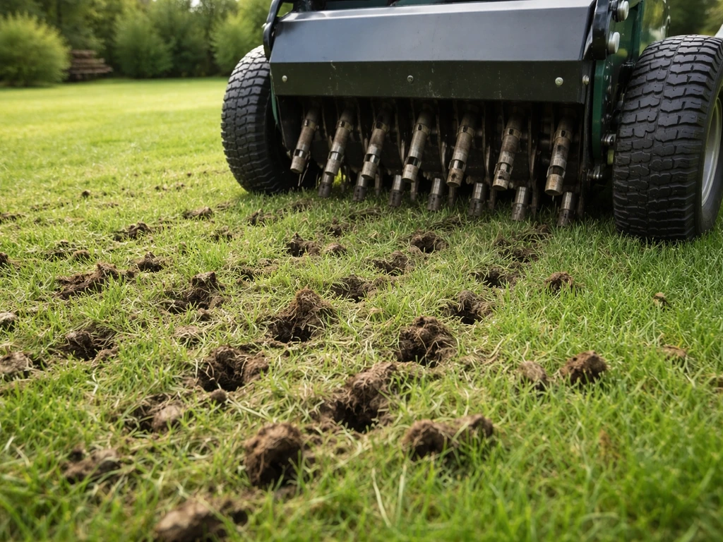Holle-tand gazonbeluchter maakt prikgaten in het gras, met losgemaakte aarde zichtbaar.